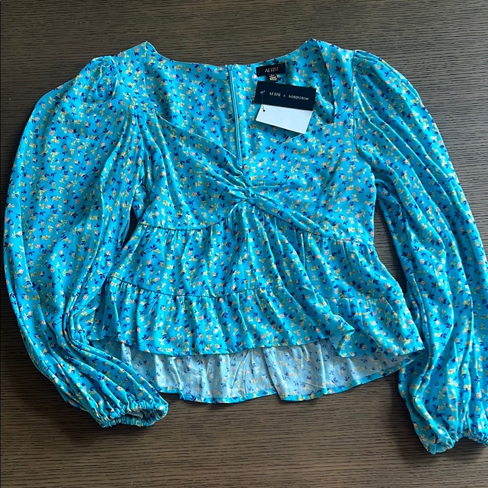 AFRM x Nordstrom Blue Floral Puff Sleeve Ruched Blouse